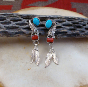 Vintage Navajo Coral Turquoise Feather Dangle Post Earrings