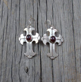 Silver Garnet Cross Dangle Earrings