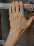 Navajo Turquoise Cobblestone Inlay Silver Band Ring Size 8