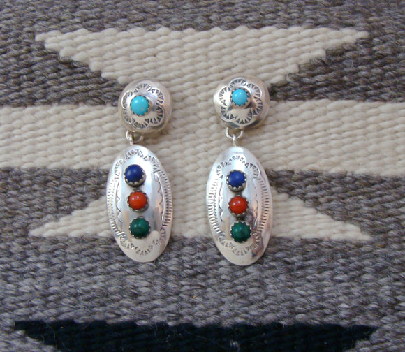 Navajo Turquoise Coral Multi Stone Concho Post Dangle Earrings