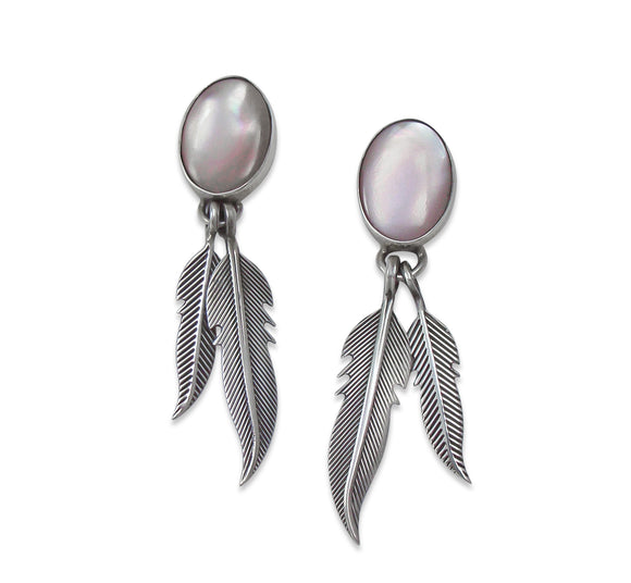 Navajo Silver Mussel Shell Feather Dangle Post Earrings