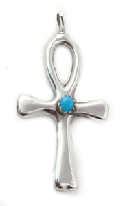 Vintage Silver Turquoise Sandcast Cross Pendant