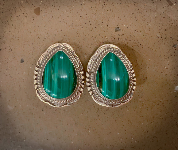 Vintage Native American Navajo Silver Malachite Clip On Earrings