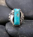 Native American Navajo Rectangle Turquoise Silver Leaf Scroll Ring Size 8