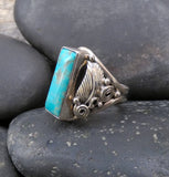 Native American Navajo Rectangle Turquoise Silver Leaf Scroll Ring Size 8