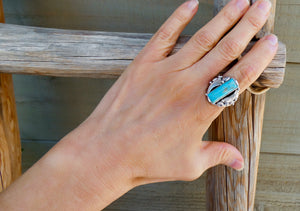 Native American Navajo Rectangle Turquoise Silver Leaf Scroll Ring Size 8