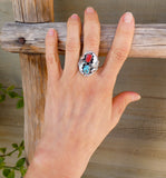 Native American Navajo Silver Coral Turquoise Leaf Ring Size 10.5