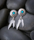 Native American Silver Turquoise Shadow Box Feather Dangle Earrings