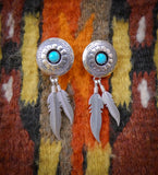 Native American Silver Turquoise Shadow Box Feather Dangle Earrings