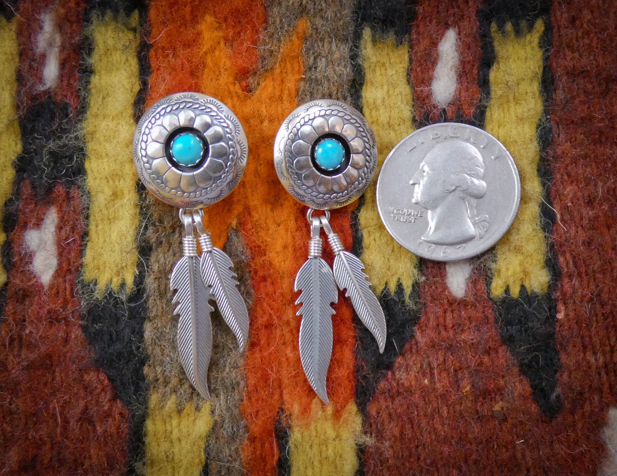 Sterling store silver vintage turquoise feather dangle post earrings