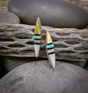 Native American Zuni Turquoise Onyx Multi Inlay Drop Earrings