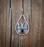 Delicate Handmade Zuni Turquoise Coral Multi Inlay Butterfly Pendant