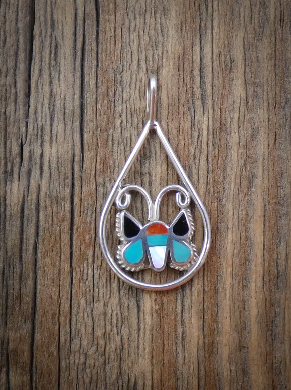 Delicate Handmade Zuni Turquoise Coral Multi Inlay Butterfly Pendant