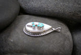 Vintage Zuni Mother of Pearl Onyx Turquoise Flower Silver Pendant