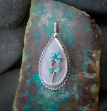 Vintage Zuni Mother of Pearl Turquoise Flower Pendant & Chain