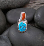 Native American Navajo Silver Coral Turquoise Ring Size 8