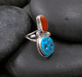 Native American Navajo Silver Coral Turquoise Ring Size 8
