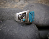 Men's Zuni Turquoise Inlay Sterling Silver Band Ring Size 10