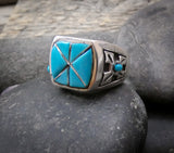 Men's Zuni Turquoise Inlay Sterling Silver Band Ring Size 10