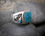 Men's Zuni Turquoise Inlay Sterling Silver Band Ring Size 10