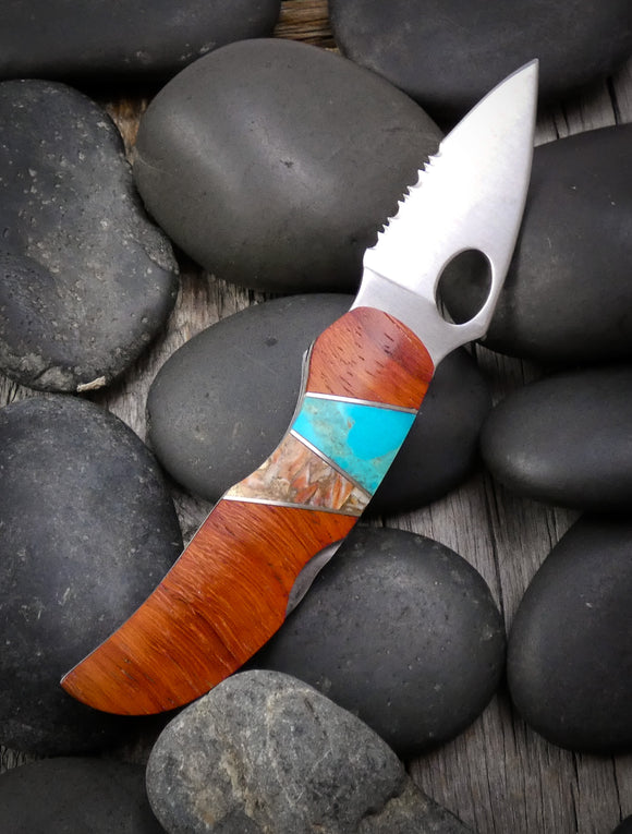 Native American Turquoise Wood Stone Inlay Folding Knife Larry Santisteven