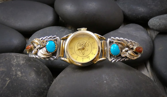 Native American Silver 12KGF Navajo Coral Turquoise Women's Watch