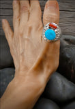 Men's Navajo Sterling Silver Turquoise Coral Ring Size 12