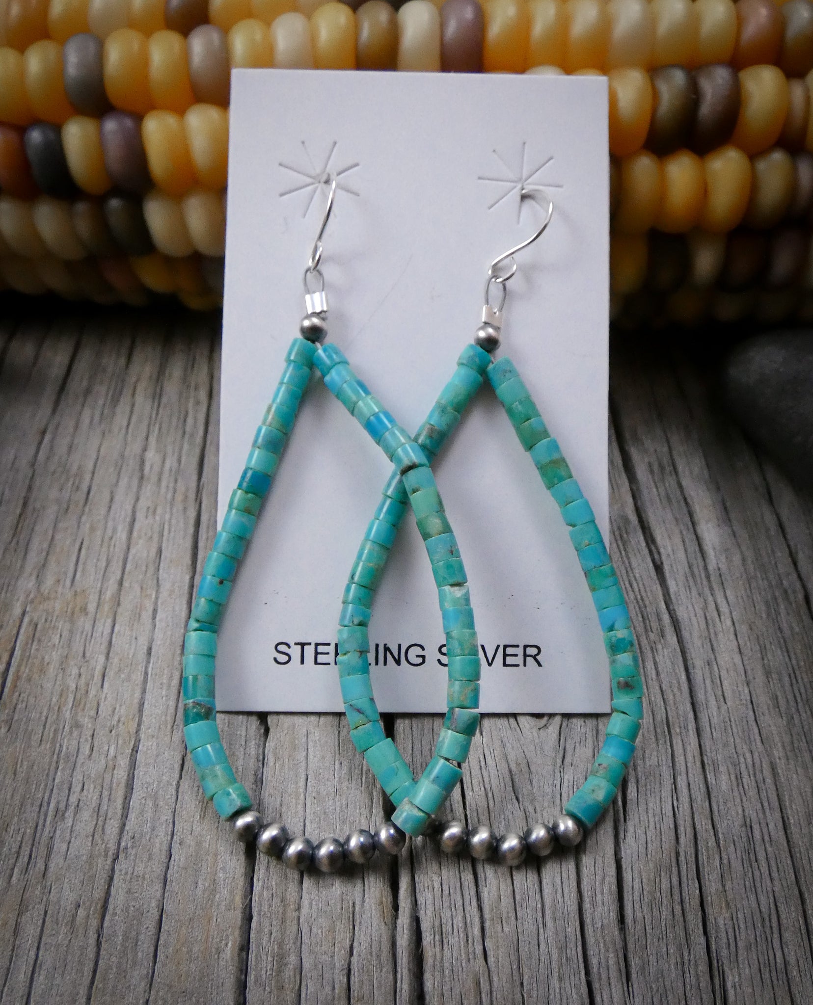 Navajo Indian Hand Beaded Blue Turquoise and Desert Pearl Earrings by Jake