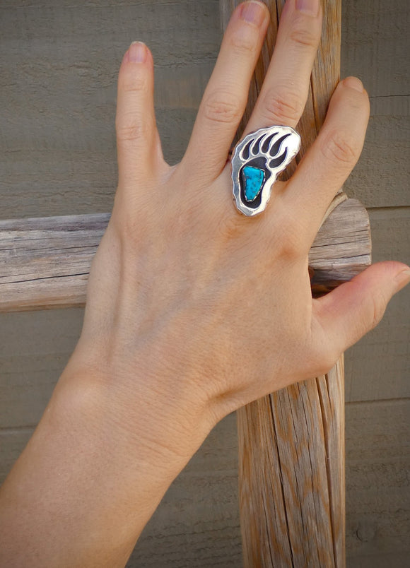 Women's Navajo Turquoise Bear Paw Shadowbox Silver Ring Size 8.25