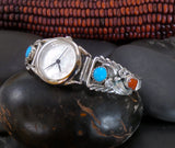 Vintage Native American Navajo Sterling Silver Leaf Turquoise Coral Watch