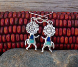 Vintage Navajo Silver Sun Kachina Turquoise Lapis Dangle Earrings