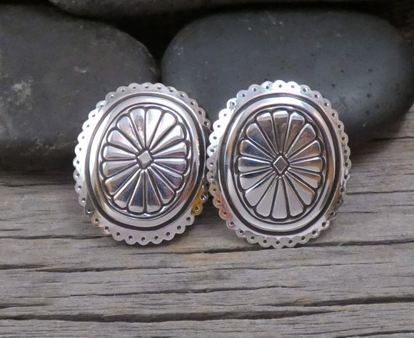 Native American Sterling Silver Concho Clip On Earrings