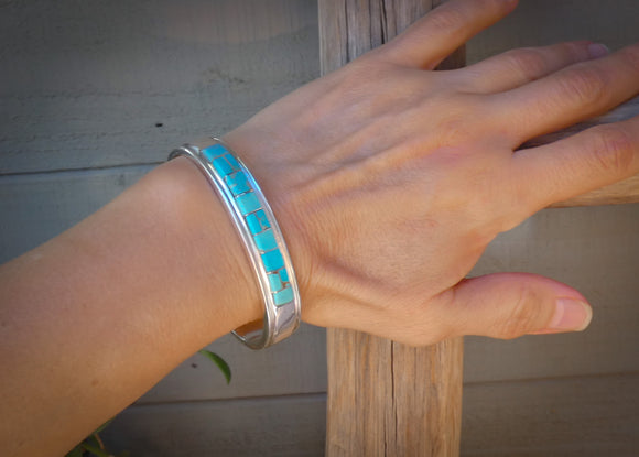 Native American Navajo Silver Heavy Gauge Turquoise Inlay Bracelet