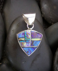 Blue Purple Spider Web Opal Inlay Sterling Silver Pendant, Native American