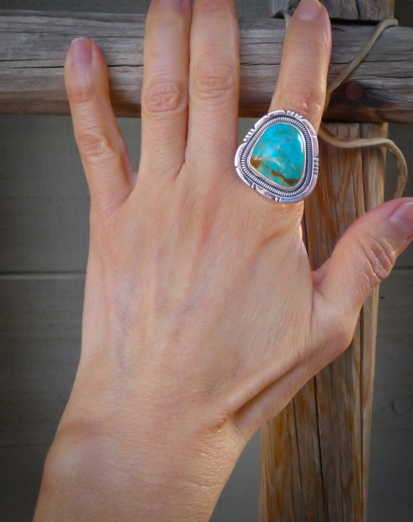 Kingman Turquoise Sterling Silver Ring Size 8 Navajo, Heavy Gauge