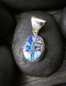 Native American Oval Blue Spider Web Opal Inlay Sterling Silver Pendant