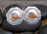 Native American Large Silver Concho Spiny Oyster Multi Inlay Clip On Earrings