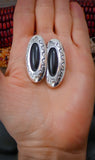 Long Big Navajo Sterling Silver Onyx Shadow Box Clip On Earrings