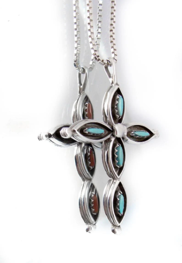 Native American Silver Zuni Turquoise Coral Reversible Cross
