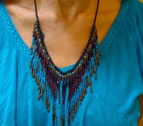 Bohemian Blue Purple Black Bib Fringe Necklace, Made in Guatemala