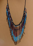 Bohemian Blue Purple Black Bib Fringe Necklace, Made in Guatemala