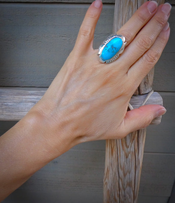 Handmade Native American Navajo Turquoise Silver Ring Size 6