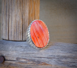 Native American Navajo Men's Silver Red Orange Spiny Oyster Ring Size 13