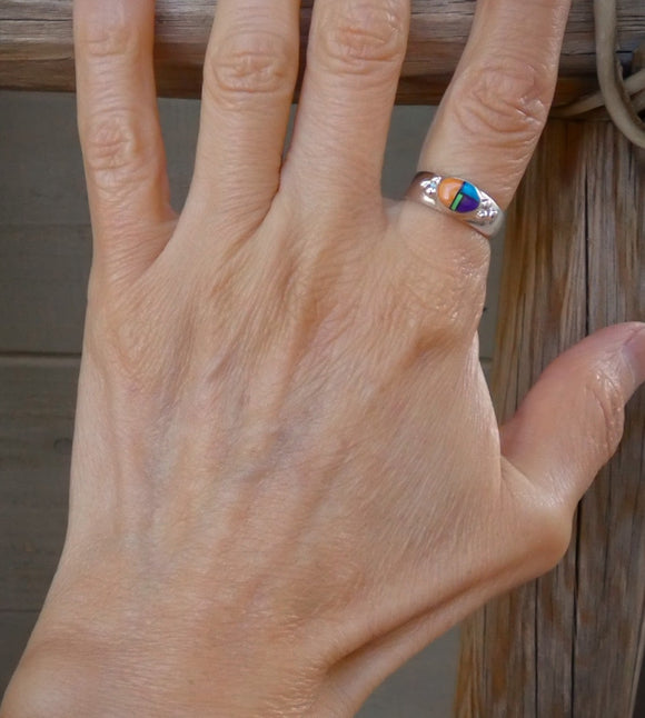 Women's Native American Navajo Silver Spiny Oyster Turquoise Multi Inlay Ring