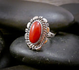 Native American Navajo Red Coral Women's Silver Ring Size 6