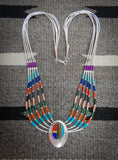 Native American 5 Strand Liquid Silver Pendant Necklace with Multi Inlay Beads