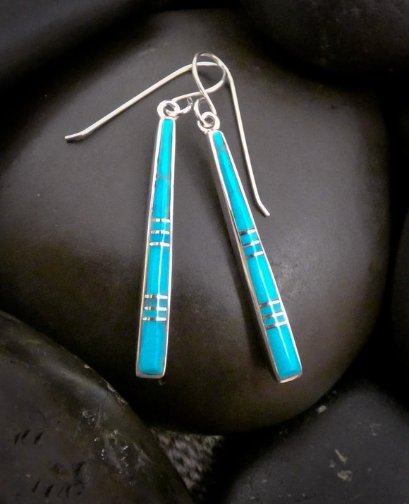 Native American Kingman Turquoise Long Inlay Dangle Earrings By Rick Tolino