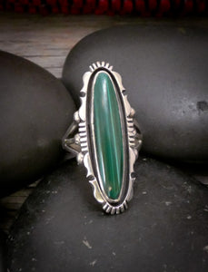 Vintage Native American Navajo Silver Malachite Statement Ring Size 8.5