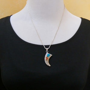 Unisex Navajo Coral Turquoise Sterling Silver Faux Claw Pendant & Chain