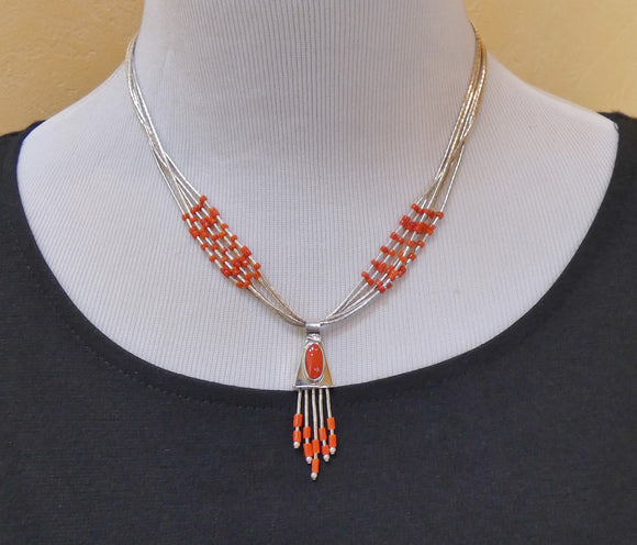 Native American 5 Strand Liquid Silver Coral Pendant and Beads 18